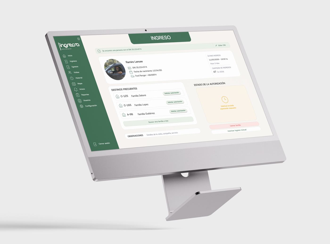 Panel de administración de Ingressa mostrando el registro de ingreso de un visitante